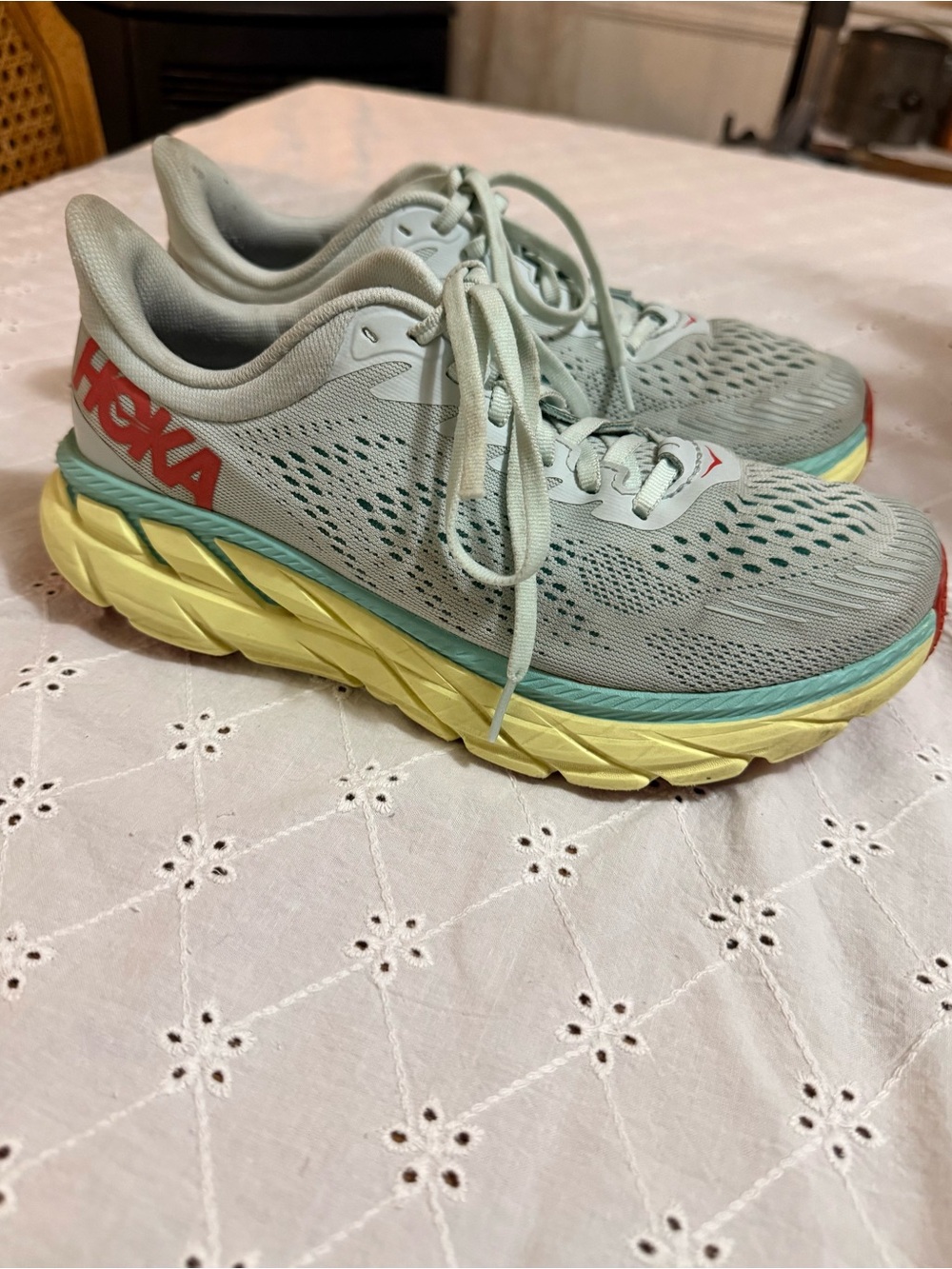 Hoka Women's Mint Green and Yellow Running Shoes with Coral Accent size 7 - Picture 4 of 5